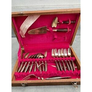 Vintage (17) Piece James Teak Wood & Brass Dessert Flatware Set in Wooden Box